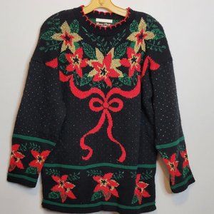 Vintage Christmas Sweater Poinsettia Black Red Dana Scott Acrylic Size Medium
